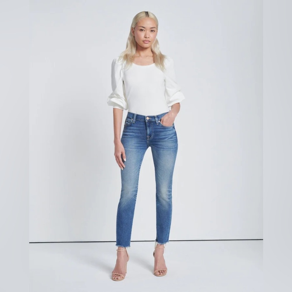 7FAM Ankle Skinny Fray Edge Hem Blue Jeans 26